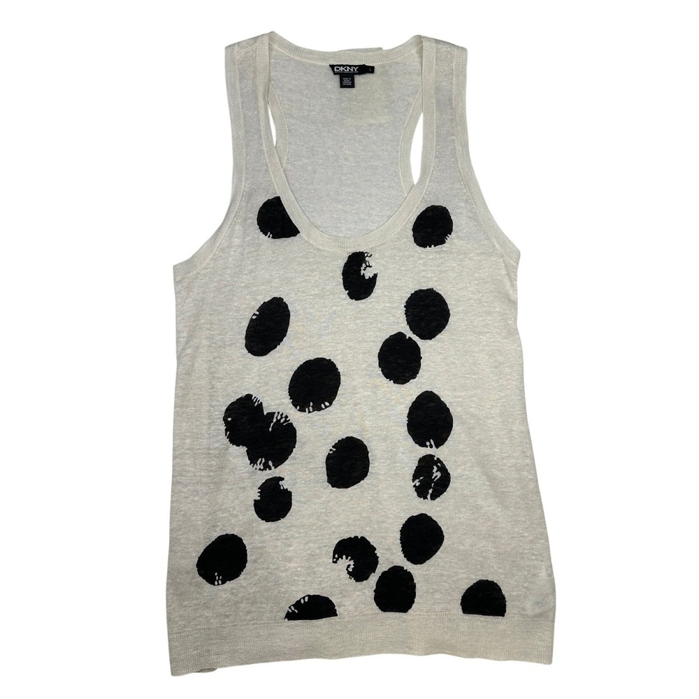 DKNY 100% Linen Polka Dot Tank Top Cream Black size L